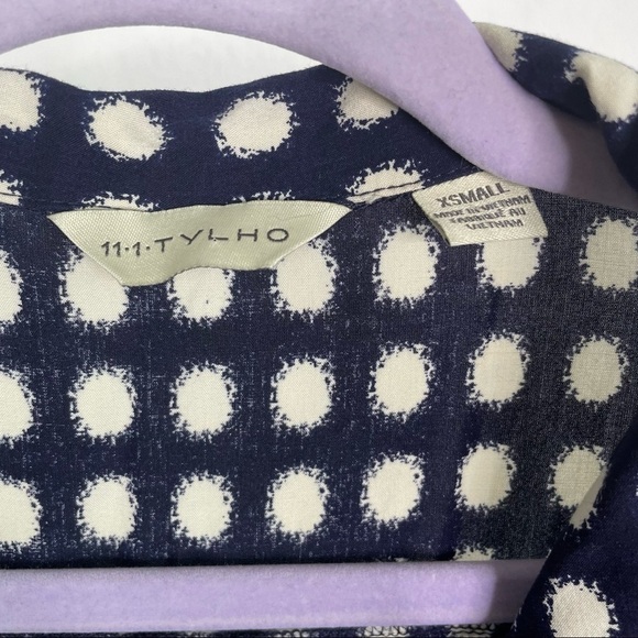 𝅺11•1•tylho Anthropologie Navy Blue Polka Dot Wrap Dress - Picture 3 of 11